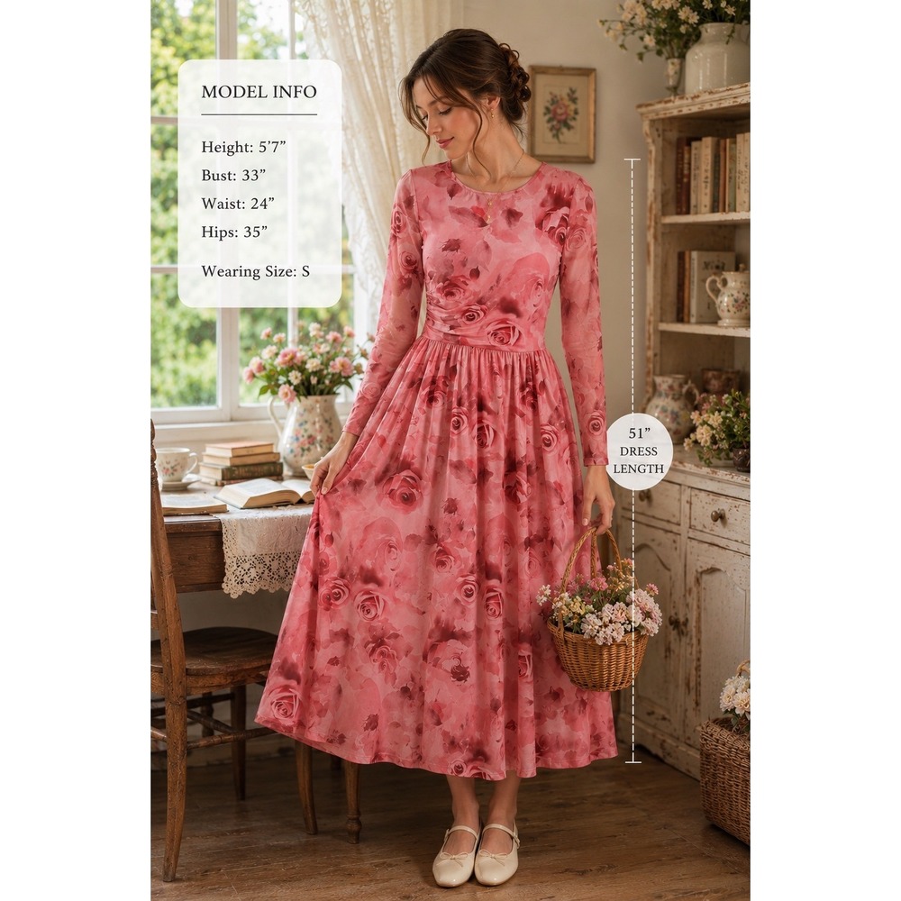 Zesica Pink Floral Mesh Midi Dress Long Sleeve Cottagecore Coquette Romantic S